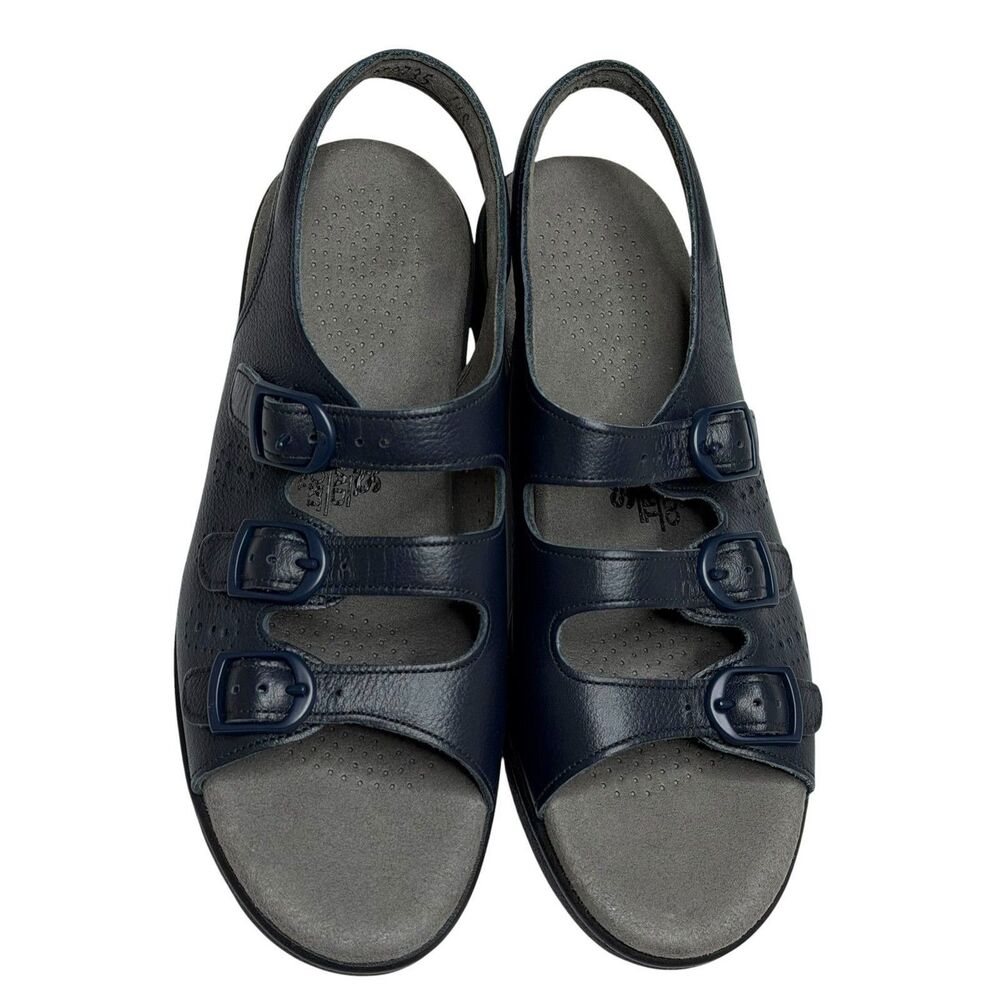 SAS Trio II Sandals Shoes Leather Cut Out Buckle Women Navy Blue 6.5 S Slim AAA